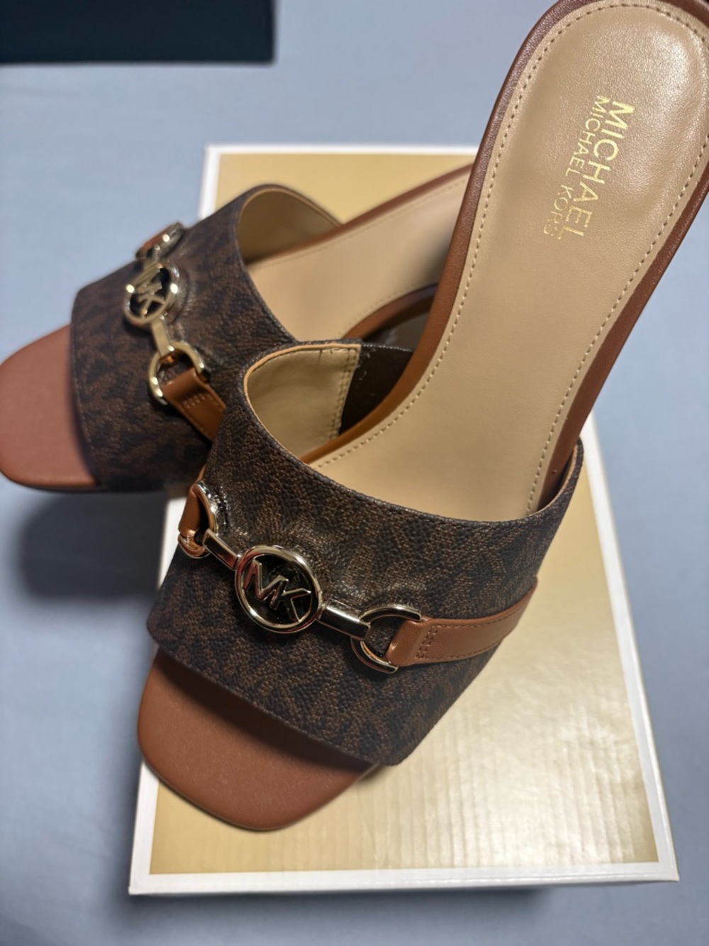 Michael Kors-  Brown Logo Mule Slides with Gold-Tone MK Hardware - Picture 9 of 11
